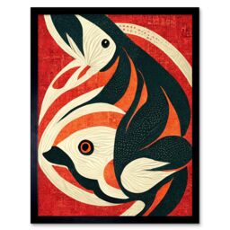 "Artery8 Wall Art Print Abstract Stylised Japanese Koi Carp Fish Painting Art Framed in Black - Size: W12"" x H16""" - thumbnail 1
