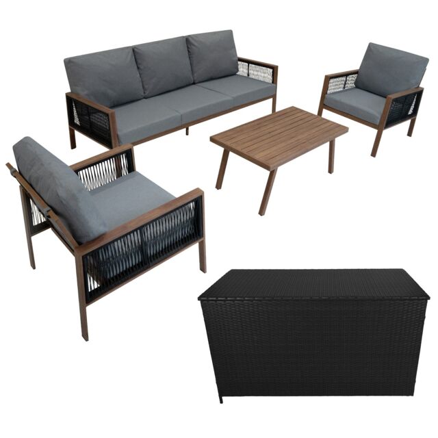Monstershop Aluminium 4 Piece Sofa Set with Black Rattan Storage Box - Wood Effect in Brown - image 1