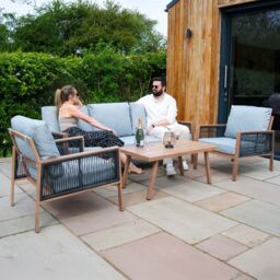 Monstershop Aluminium 4 Piece Sofa Set with Black Rattan Storage Box - Wood Effect in Brown - thumbnail 4