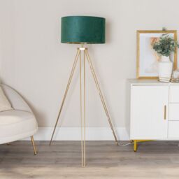 ValueLights Aero Hairpin Gold Tripod Floor Lamp with Velvet & Gold Drum Lamp Shade & Bulb in Bottle Green - thumbnail 3