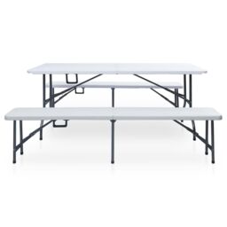 Berkfield Home Folding Garden Table with 2 Benches 180 cm Steel & HDPE White - thumbnail 2