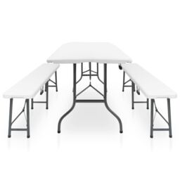 Berkfield Home Folding Garden Table with 2 Benches 180 cm Steel & HDPE White - thumbnail 3
