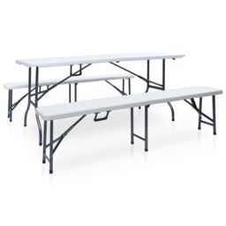 Berkfield Home Folding Garden Table with 2 Benches 180 cm Steel & HDPE White - thumbnail 1