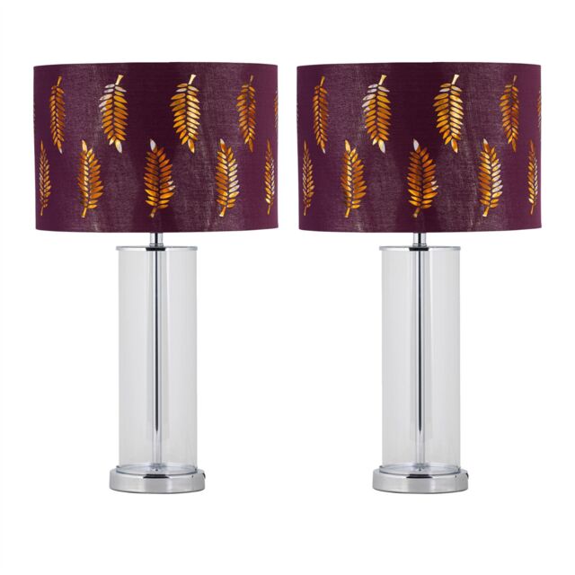 First Choice Lighting Set of 2 Aura - Chrome Table Lamps with Burgundy Fern Cut Out Shades in Silver - image 1