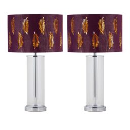 First Choice Lighting Set of 2 Aura - Chrome Table Lamps with Burgundy Fern Cut Out Shades in Silver