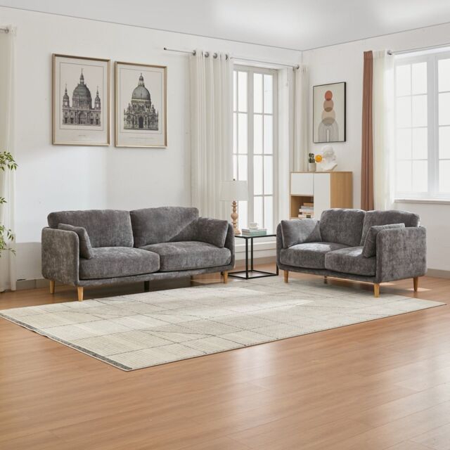FURNITURE ONE Velvet Upholstered Sofa Set, Sectional Couch Suite-2+3 Set in Grey - Size: 1 Pack - image 1