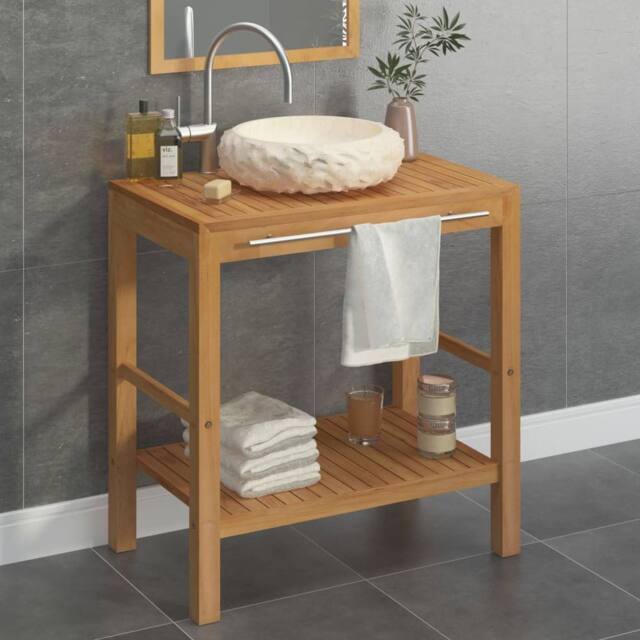 Berkfield Home Bathroom Vanity Cabinet Solid Teak with Sink Marble Cream in Brown