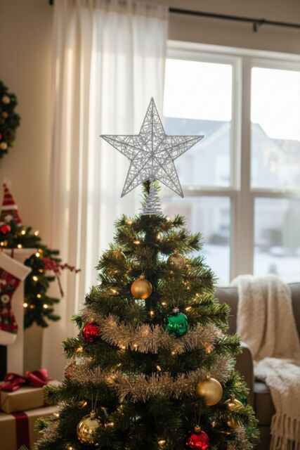 Living and Home 20cm Christmas Tree Topper Silver Glitter Christmas Tree Star with LED Lights - image 1