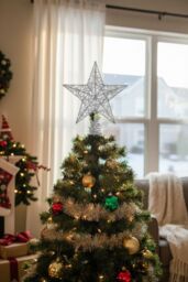 Living and Home 20cm Christmas Tree Topper Silver Glitter Christmas Tree Star with LED Lights