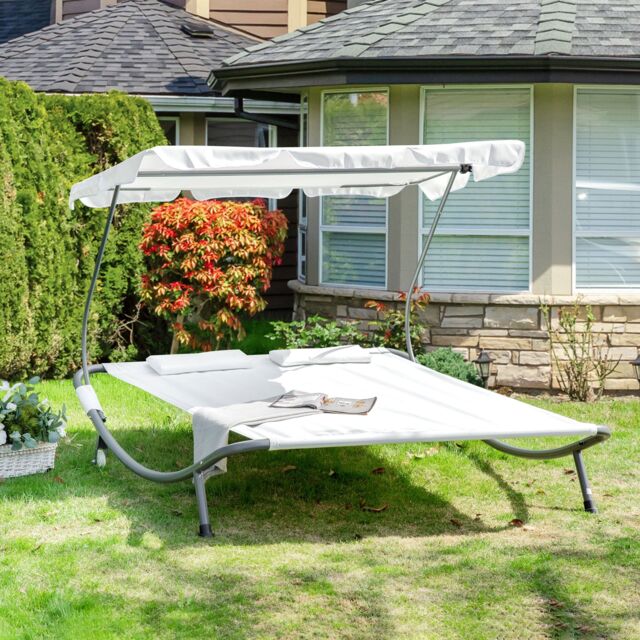 OUTSUNNY Garden Double Hammock Sun Lounger Day Bed Canopy 2 Pillows w/ Stand in White