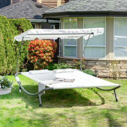 OUTSUNNY Garden Double Hammock Sun Lounger Day Bed Canopy 2 Pillows w/ Stand in White - thumbnail 1