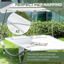 OUTSUNNY Garden Double Hammock Sun Lounger Day Bed Canopy 2 Pillows w/ Stand in White - thumbnail 5
