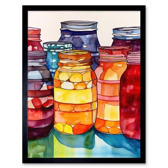 "Artery8 Wall Art Print Coloured Glass Canning Jars Still Life Watercolour Painting Art Framed in Black - Size: W12"" x H16""" - image 1