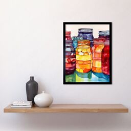 "Artery8 Wall Art Print Coloured Glass Canning Jars Still Life Watercolour Painting Art Framed in Black - Size: W12"" x H16""" - thumbnail 2