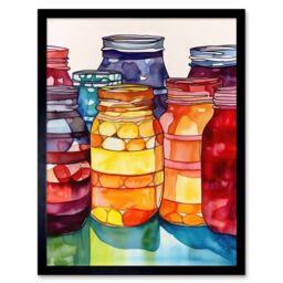 "Artery8 Wall Art Print Coloured Glass Canning Jars Still Life Watercolour Painting Art Framed in Black - Size: W12"" x H16""" - thumbnail 1