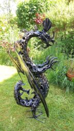 Inspirational Gifting Eastern Dragon Garden Ornament Sculpture Large - Metal Platework in Black - thumbnail 3