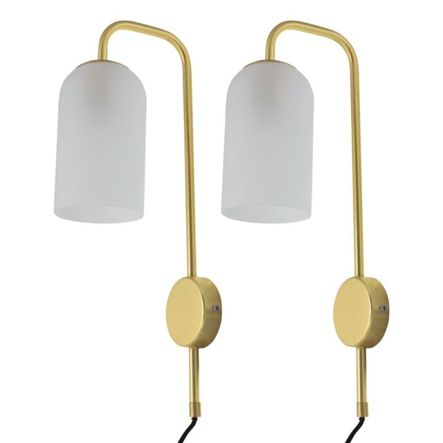 First Choice Lighting Set of 2 Victoria - Satin Brass Plug in Wall Lights Frost Glass Shades in Gold - image 1
