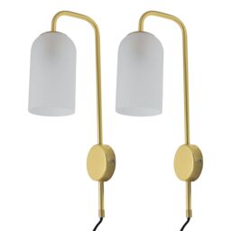 First Choice Lighting Set of 2 Victoria - Satin Brass Plug in Wall Lights Frost Glass Shades in Gold - thumbnail 1
