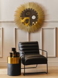 Orsina Round Black Shagreen Stool, Dual-Tone Black & Gold Accent Stool, Minimalist Luxe Seating - thumbnail 2