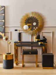 Orsina Round Black Shagreen Stool, Dual-Tone Black & Gold Accent Stool, Minimalist Luxe Seating - thumbnail 3