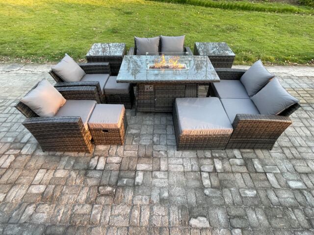 Fimous Outdoor Garden Furniture Sets 10 Pieces Wicker Rattan Furniture Gas Firepit Dining Table Sofa Set with 3 Footstools in Dark Grey