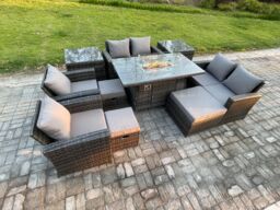 Fimous Outdoor Garden Furniture Sets 10 Pieces Wicker Rattan Furniture Gas Firepit Dining Table Sofa Set with 3 Footstools in Dark Grey - thumbnail 2