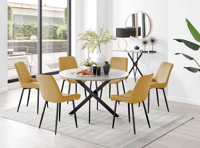 FurnitureboxUK Novara Grey Concrete Effect Black Leg 120cm Round Dining Table & 6 Pesaro Black Leg Chairs in Mustard - image 1