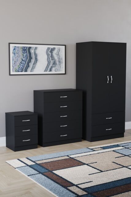 Home Discount Vida Designs Riano 3Pc Bedroom Set - 3 Drawer Bedside & 5 Drawer Chest in Black - image 1