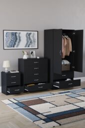 Home Discount Vida Designs Riano 3Pc Bedroom Set - 3 Drawer Bedside & 5 Drawer Chest in Black - thumbnail 2