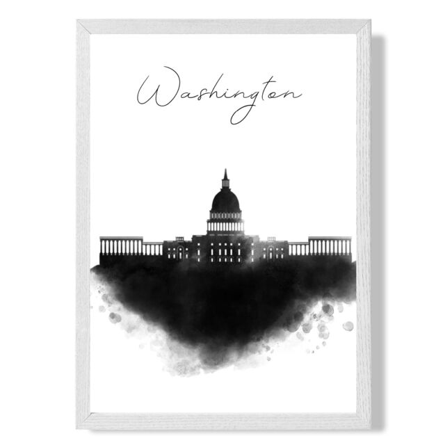 ARTZE Washington Watercolour Skyline City Framed Print SIZE: A2 with White Frame in Black - Size: A4 - image 1