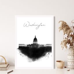 ARTZE Washington Watercolour Skyline City Framed Print SIZE: A2 with White Frame in Black - Size: A4 - thumbnail 2