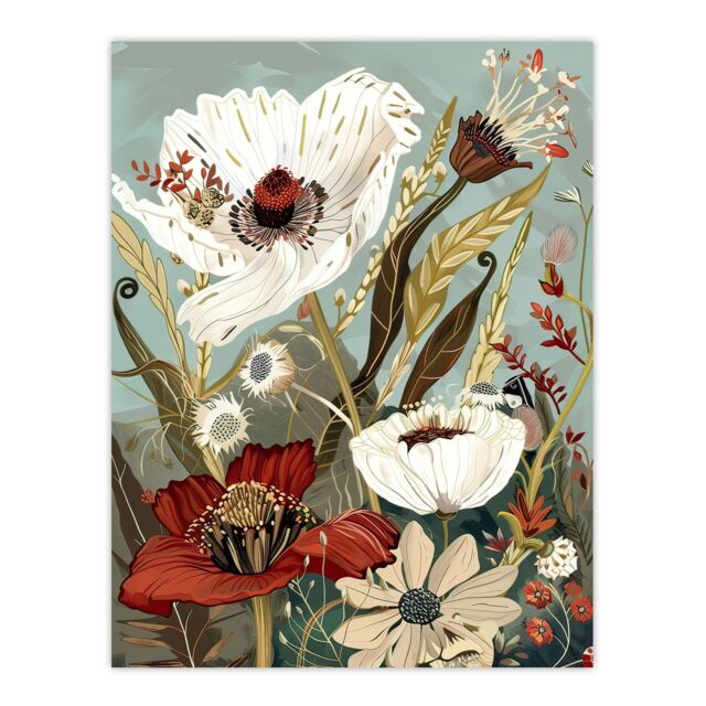 "Artery8 Stylised Wildflowers Pastel Colour Design Wall Art Print in Grey - Size: W24"" x H32""" - image 1