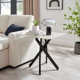 FurnitureboxUK Leonardo Square Marble Effect Glass Top Side Table With Black Metal Starburst Legs in White - thumbnail 2