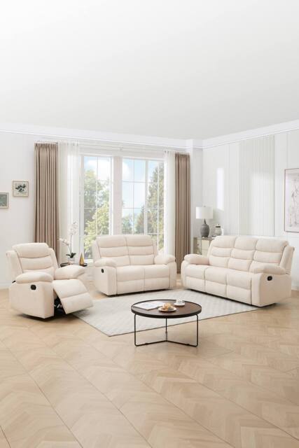 More4Homes Boston Manual Recliner Fabric 1+2+3 Seater Sofa Set in Beige - image 1