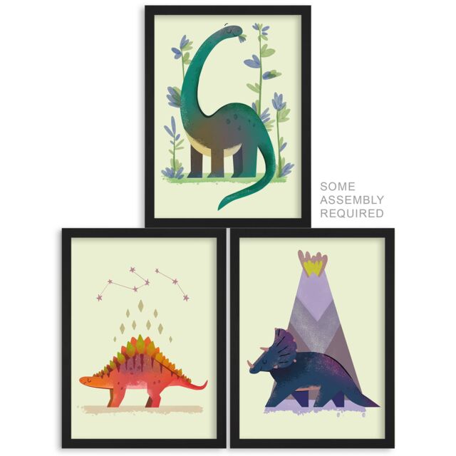 Artery8 A4 Wall Art & Frame Set of 3 Kids Bedroom Cute Dinosaurs Pastel - image 1