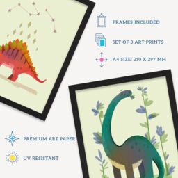 Artery8 A4 Wall Art & Frame Set of 3 Kids Bedroom Cute Dinosaurs Pastel - thumbnail 3