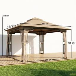 OUTSUNNY 3.3 x 3.3 m Garden Gazebo with Shelves, UPF50+ Permanent Gazebo in Khaki - Size: 3m x 3m - thumbnail 3