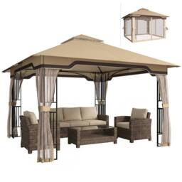 OUTSUNNY 3.3 x 3.3 m Garden Gazebo with Shelves, UPF50+ Permanent Gazebo in Khaki - Size: 3m x 3m - thumbnail 2