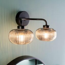 ValueLights Amaia Matte Black IP44 Rated 2 Way Smoked Ribbed Glass Wall Light with LED Bulbs - thumbnail 6