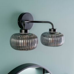 ValueLights Amaia Matte Black IP44 Rated 2 Way Smoked Ribbed Glass Wall Light with LED Bulbs - thumbnail 2