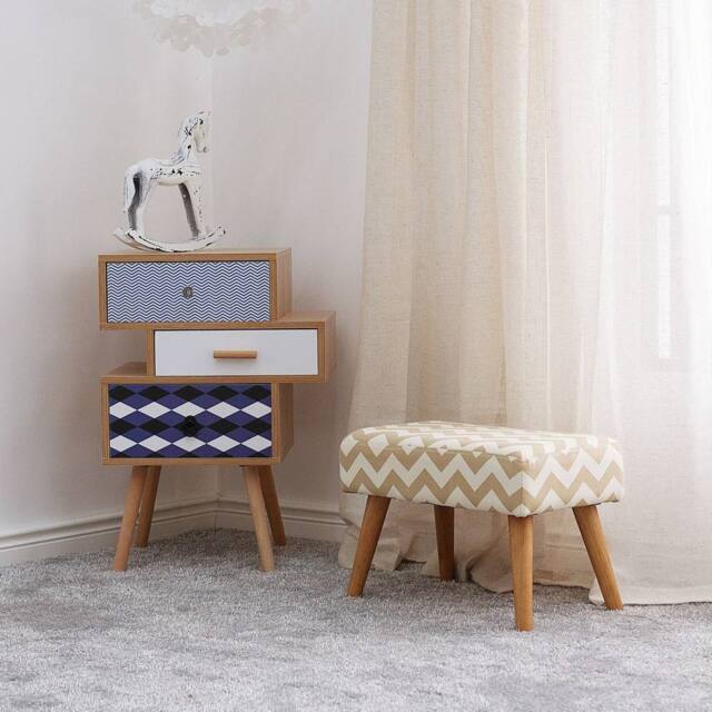 Wyld and Coco Beige Cotton Footstool with Rubberwood Legs - Chevron Pattern - image 1