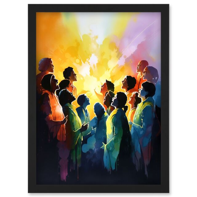 Artery8 Choir Women Singing by Bonfire Modern Rainbow Colour Watercolour Painting Artwork Framed Wall Art Print A4 in Black - image 1