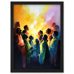 Artery8 Choir Women Singing by Bonfire Modern Rainbow Colour Watercolour Painting Artwork Framed Wall Art Print A4 in Black - thumbnail 1