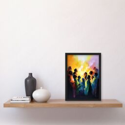 Artery8 Choir Women Singing by Bonfire Modern Rainbow Colour Watercolour Painting Artwork Framed Wall Art Print A4 in Black - thumbnail 2