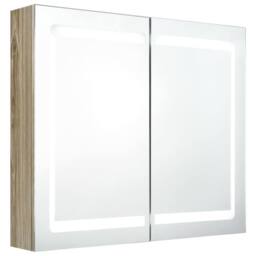 Berkfield Home LED Bathroom Mirror Cabinet Oak 80x12x68 cm in Brown - Size: 80 x 12 x 68 cm - thumbnail 2