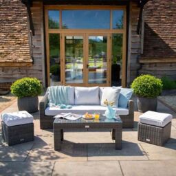 Primrose Living Classic Rattan 5 Seater Garden Furniture Sofa Set with Coffee Table & Footstools in Stone in Grey - thumbnail 5