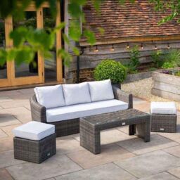Primrose Living Classic Rattan 5 Seater Garden Furniture Sofa Set with Coffee Table & Footstools in Stone in Grey - thumbnail 2