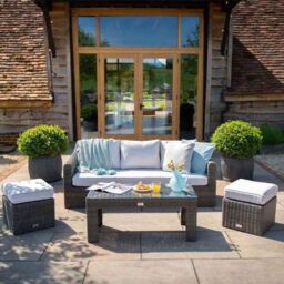 Primrose Living Classic Rattan 5 Seater Garden Furniture Sofa Set with Coffee Table & Footstools in Stone in Grey - thumbnail 1