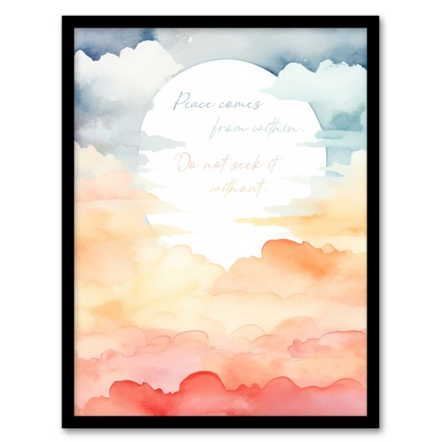 Artery8 Wall Art Print Peace Comes From Within Buddhist Mindfulness Sun Clouds Framed in Orange - Size: A4 - image 1
