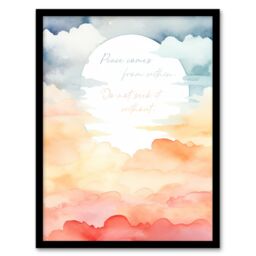Artery8 Wall Art Print Peace Comes From Within Buddhist Mindfulness Sun Clouds Framed in Orange - Size: A4 - thumbnail 1